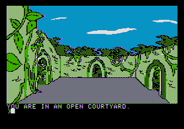 Amazon Apple II Screenshot: An open courtyard...which way from here?