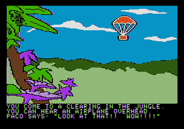 Amazon Apple II Screenshot: An airplane drops in some needed supplies.