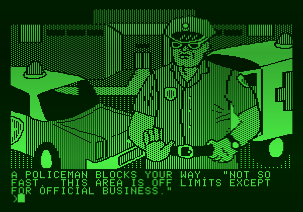Amazon Apple II Screenshot: A policeman stops me from entering...