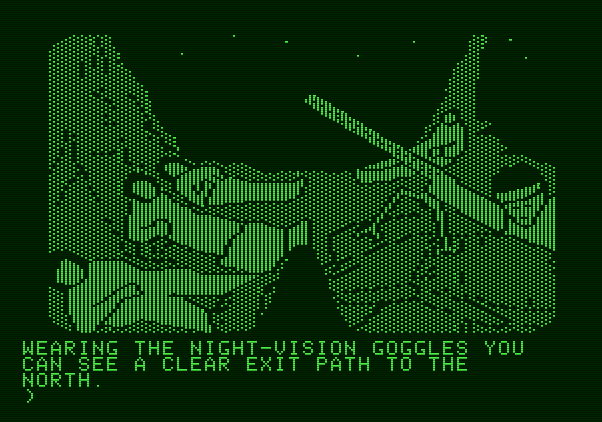 Amazon Apple II Screenshot: Using night vision goggles to sneak out...