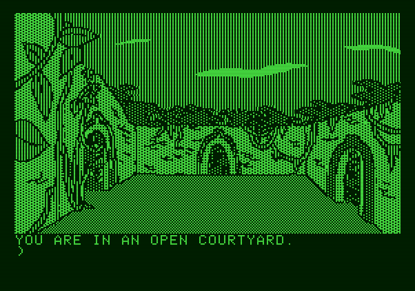 Amazon Apple II Screenshot: An open courtyard...which way should I go?