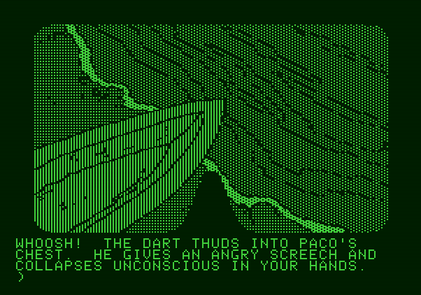 Amazon Apple II Screenshot: Paco doesn't like water, so you need to sedate him.