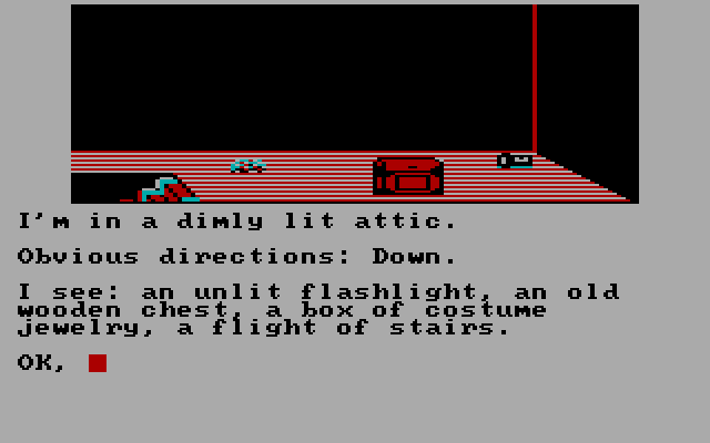 Calixto Island IBM PC/Compatibles Screenshot: We are in a dimly lit attic; anything useful here?