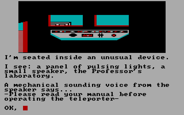 Calixto Island IBM PC/Compatibles Screenshot: Seated inside an unusual device that has verbal instructions to follow.