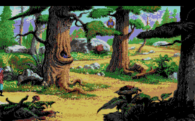 King's Quest V: Absence Makes the Heart Go Yonder! Amiga Screenshot: Wandering through one of the forest intersections.