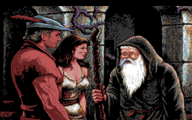 King's Quest V: Absence Makes the Heart Go Yonder! Amiga Screenshot: Enemies defeated, Crispin the wizard arrives to help.