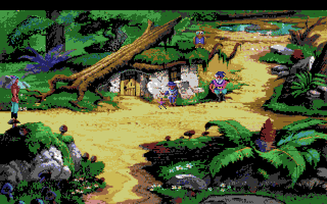 King's Quest V: Absence Makes the Heart Go Yonder! Amiga Screenshot: Some dwarves in the middle of the forrest.