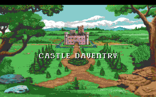 King's Quest V: Absence Makes the Heart Go Yonder! Amiga Screenshot: The game introduction begins at Castle Daventry.
