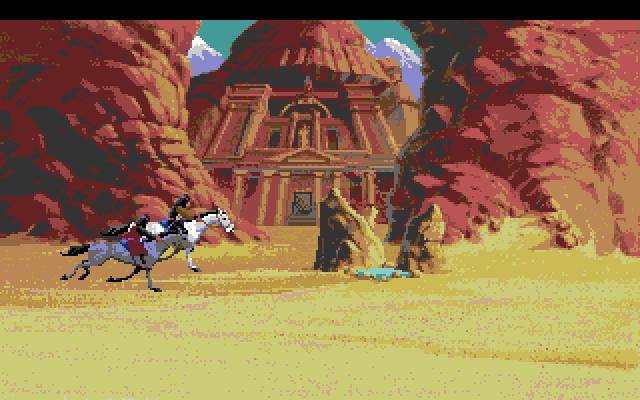 King's Quest V: Absence Makes the Heart Go Yonder! Amiga Screenshot: Hiding behind a rock so these bandits don't see me...