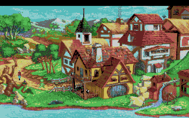 King's Quest V: Absence Makes the Heart Go Yonder! Amiga Screenshot: A quaint little town.