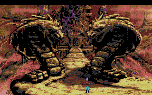 King's Quest V: Absence Makes the Heart Go Yonder! Amiga Screenshot: Mordack's castle is very unwelcoming.