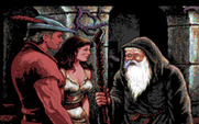 King's Quest V: Absence Makes the Heart Go Yonder! for Amiga - Enemies defeated, Crispin the wizard arrives to help.
