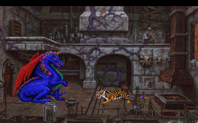 King's Quest V: Absence Makes the Heart Go Yonder! IBM PC/Compatibles Screenshot: Mordack transforms into a dragon, and Graham into a tiger...