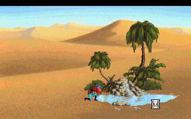 King's Quest V: Absence Makes the Heart Go Yonder! IBM PC/Compatibles Screenshot: Drink at an oasis whenever you can so Graham doesn't collapse from desert heat.
