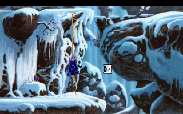 King's Quest V: Absence Makes the Heart Go Yonder! IBM PC/Compatibles Screenshot: Using a rope to climb up the mountain...