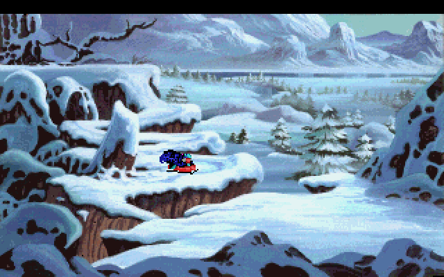 King's Quest V: Absence Makes the Heart Go Yonder! IBM PC/Compatibles Screenshot: Sledding down the hill...