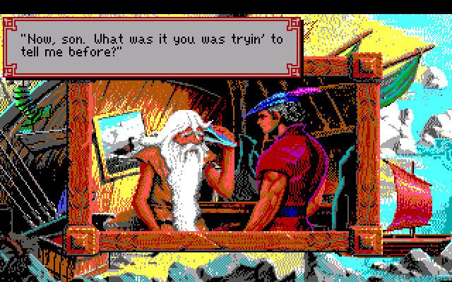 King's Quest V: Absence Makes the Heart Go Yonder! IBM PC/Compatibles Screenshot: This man is friendly, but his hearing isn't great...