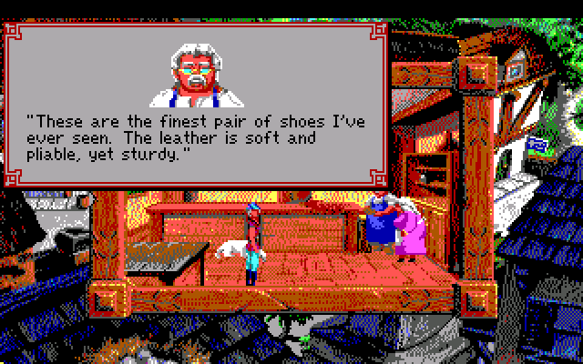 King's Quest V: Absence Makes the Heart Go Yonder! IBM PC/Compatibles Screenshot: Presenting the shoes to the local shoemaker.