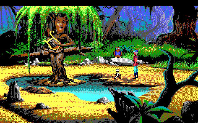 King's Quest V: Absence Makes the Heart Go Yonder! IBM PC/Compatibles Screenshot: The weaping willow is playing a sad song on the harp.