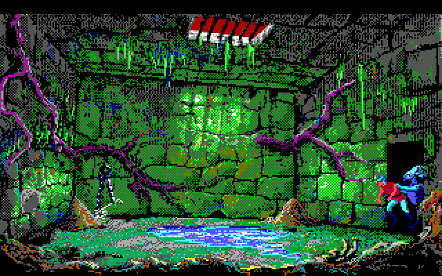 King's Quest V: Absence Makes the Heart Go Yonder! IBM PC/Compatibles Screenshot: A blue creature throws Graham into the dungeon...