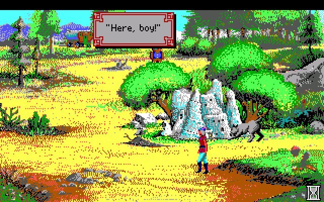 King's Quest V: Absence Makes the Heart Go Yonder! IBM PC/Compatibles Screenshot: Distracting a dog that is terrorizing some ants.
