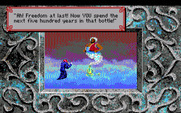 King's Quest V: Absence Makes the Heart Go Yonder! for IBM PC/Compatibles - Sealing the witch into a bottle thanks to the genie.