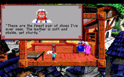 King's Quest V: Absence Makes the Heart Go Yonder! for IBM PC/Compatibles - Presenting the shoes to the local shoemaker.