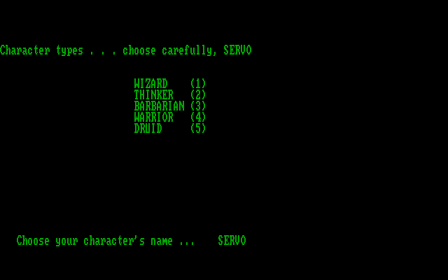 Amulet, The IBM PC/Compatibles Screenshot: Select a character type
