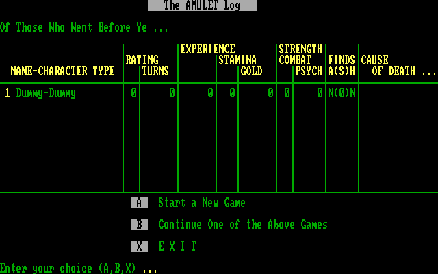 Amulet, The IBM PC/Compatibles Screenshot: Start a new game, or continue a saved game?