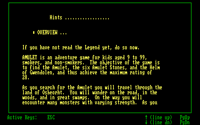 Amulet, The IBM PC/Compatibles Screenshot: Some hints on how to play the game