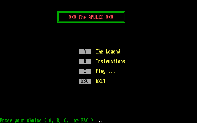 Amulet, The IBM PC/Compatibles Screenshot: The main menu; read the story or start the game?