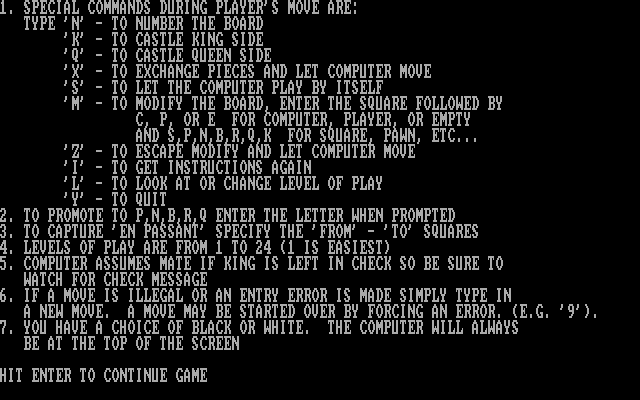 Chess IBM PC/Compatibles Screenshot: Instructions.