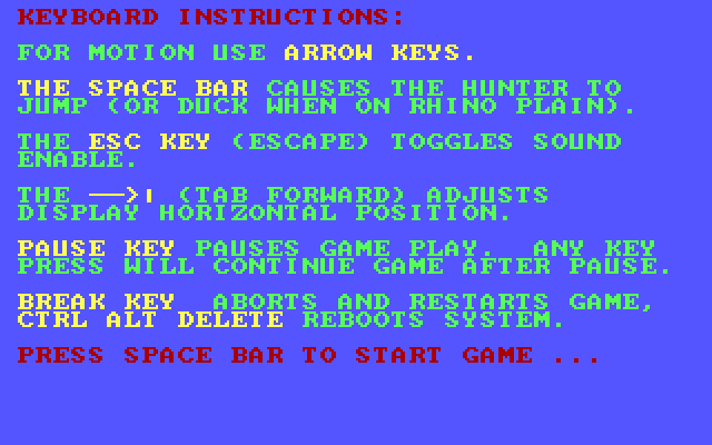 Congo Bongo IBM PC/Compatibles Screenshot: Instructions for playing the game with the keyboard.