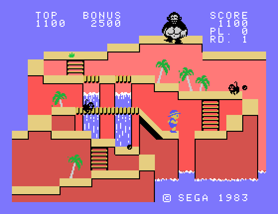 Congo Bongo Sega SG-1000 Screenshot: Ready to jump across this gap in the platform?
