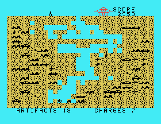 Archeodroid TI-99/4A Screenshot: I've collected 43 artifacts so far! I should return to the ship...