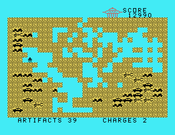 Archeodroid TI-99/4A Screenshot: Uh oh, I may not have enough charges to break through back to the surface...