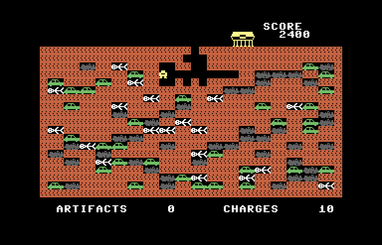 Archeodroid Commodore 64 Screenshot: Bring artifacts back to the ship to earn points.