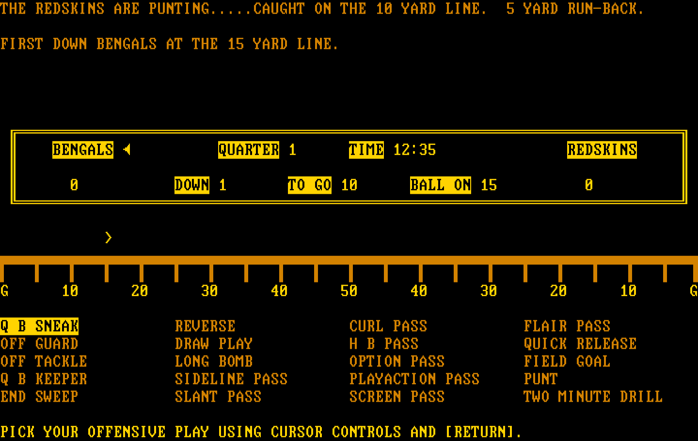 Armchair Quarterback IBM PC/Compatibles Screenshot: First down at the 15 yard line...