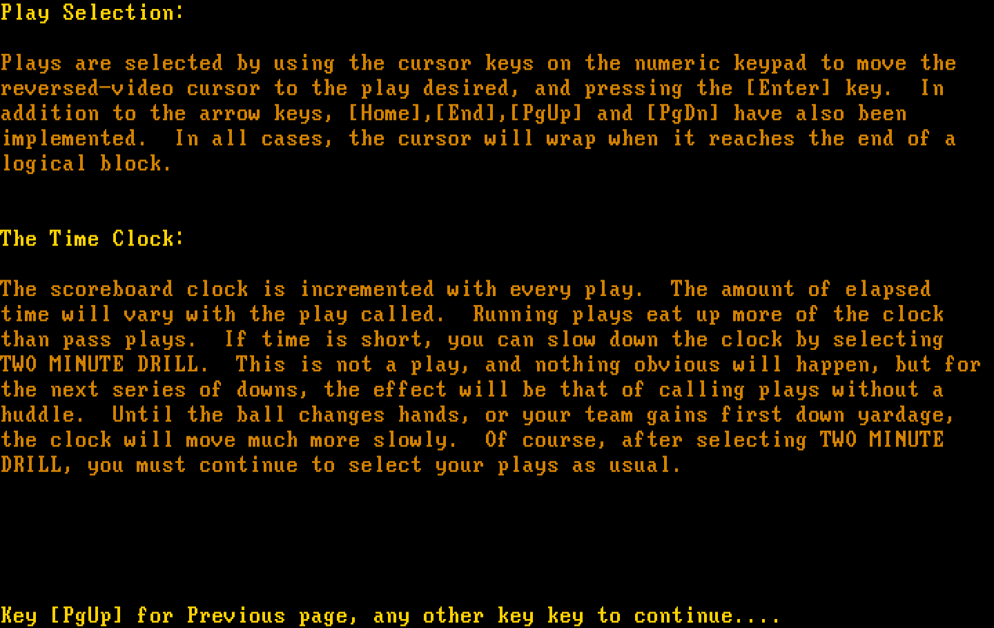 Armchair Quarterback IBM PC/Compatibles Screenshot: One of the game instructions screens.
