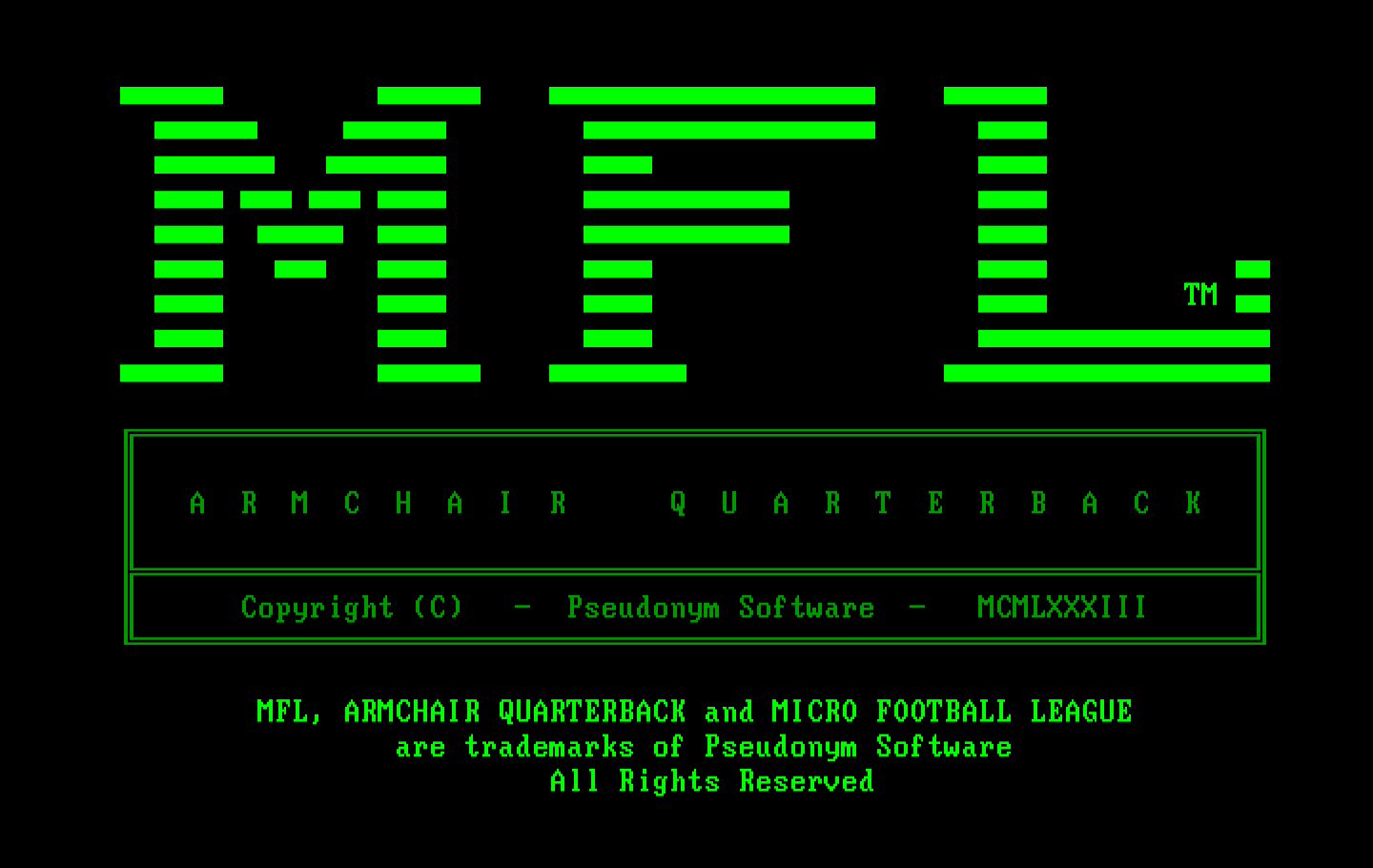 Armchair Quarterback IBM PC/Compatibles Screenshot: Title screen.