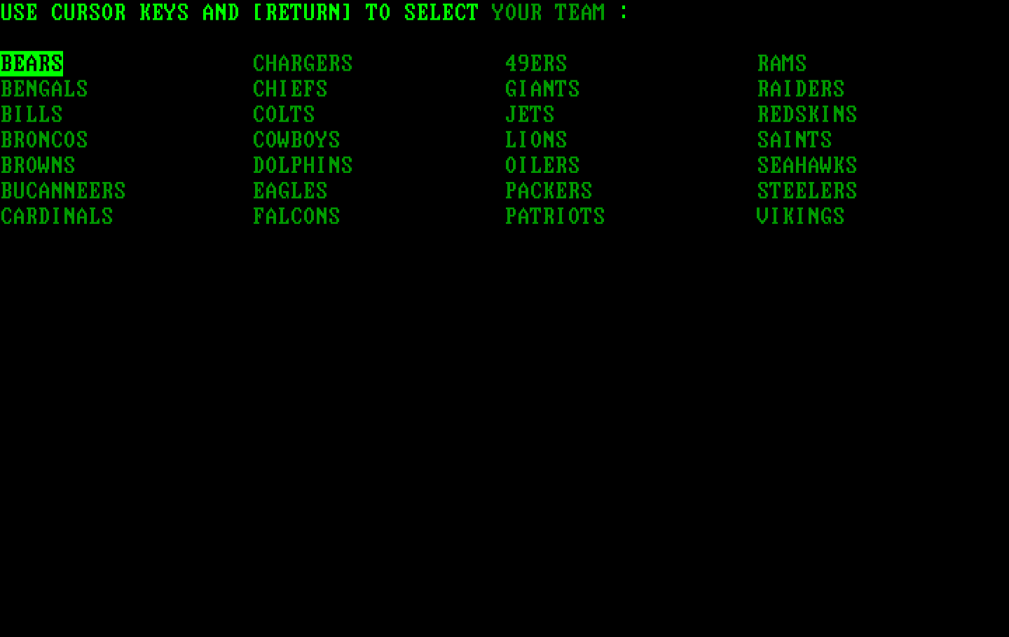 Armchair Quarterback IBM PC/Compatibles Screenshot: Selecting the teams...
