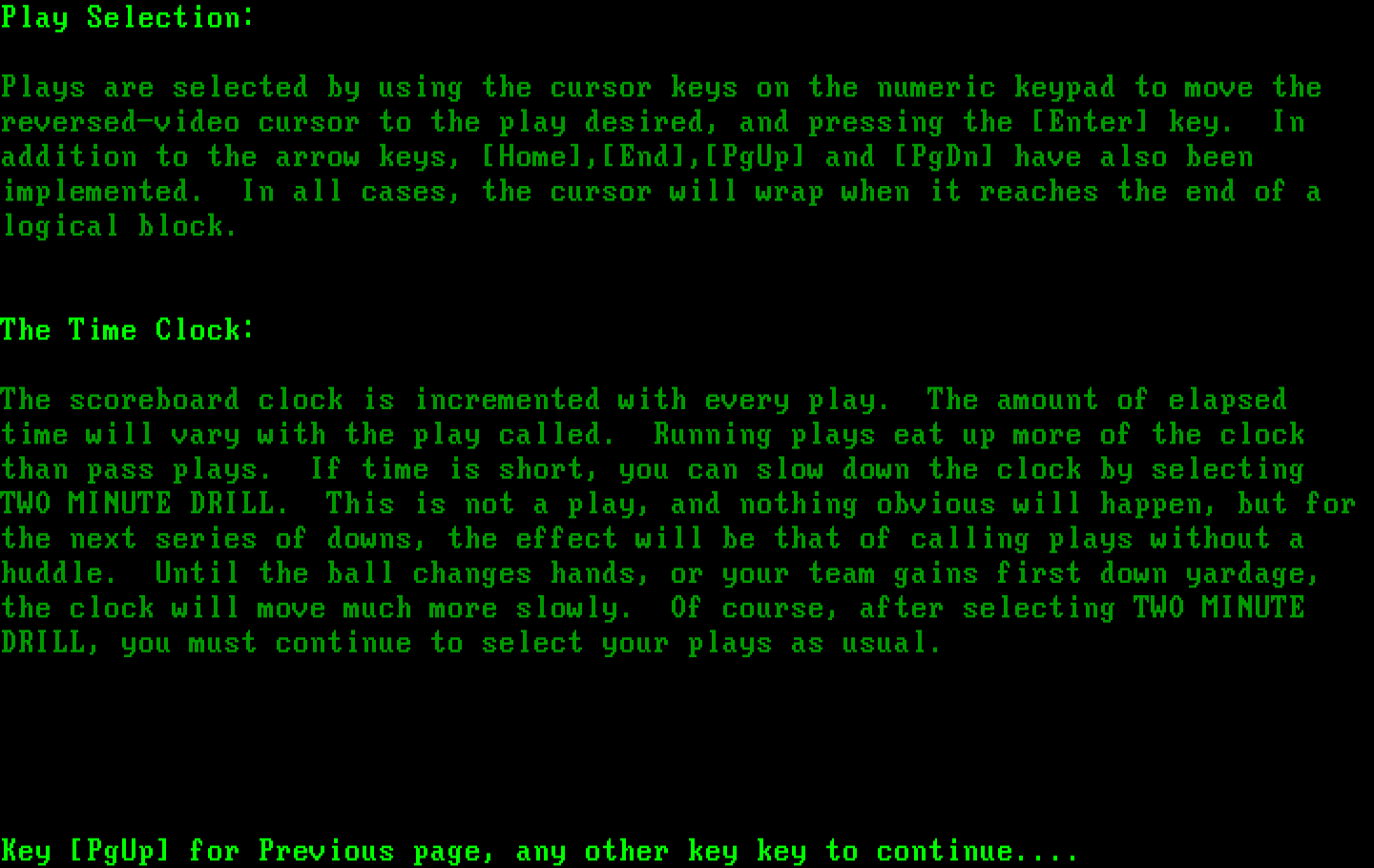 Armchair Quarterback IBM PC/Compatibles Screenshot: One of the game instructions screens.