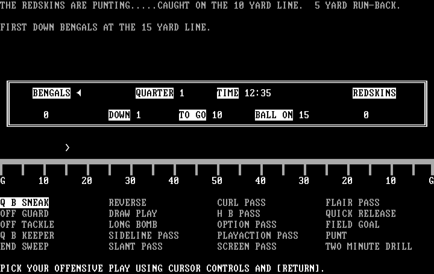 Armchair Quarterback IBM PC/Compatibles Screenshot: First down at the 15 yard line...