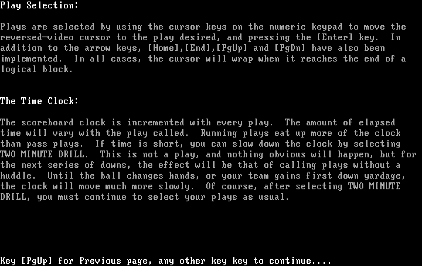 Armchair Quarterback IBM PC/Compatibles Screenshot: One of the game instructions screens.