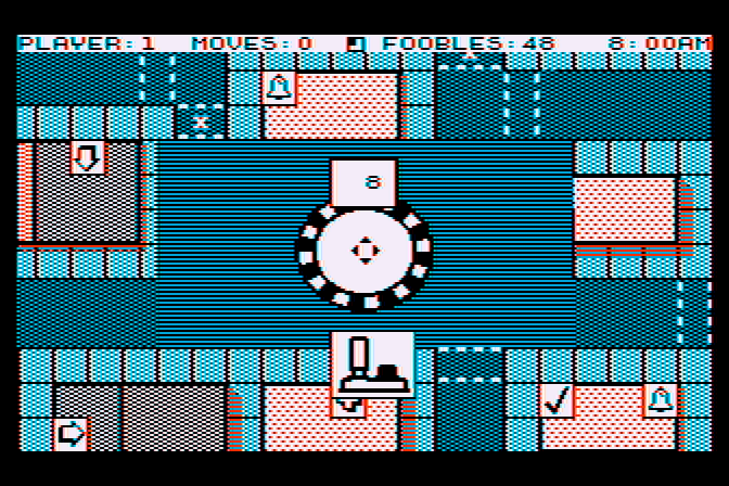 Fooblitzky Atari 8-bit Screenshot: Game start; the wheel spins...