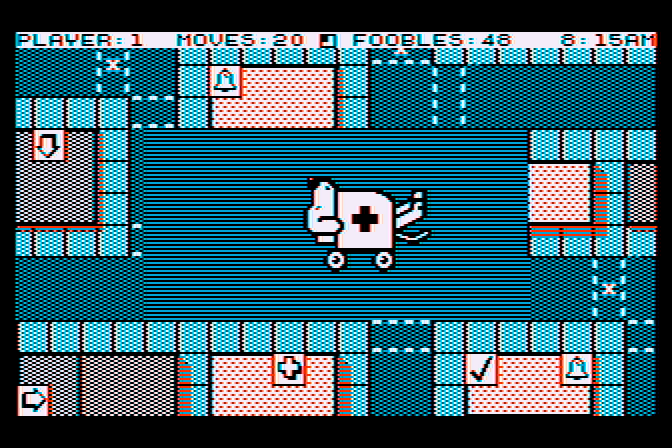 Fooblitzky Atari 8-bit Screenshot: Uh oh, looks like we have an accident! Off to the hospital...