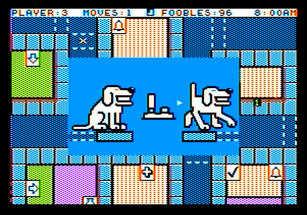 Fooblitzky Apple II Screenshot: Take a risk and cross the street when there is traffic?