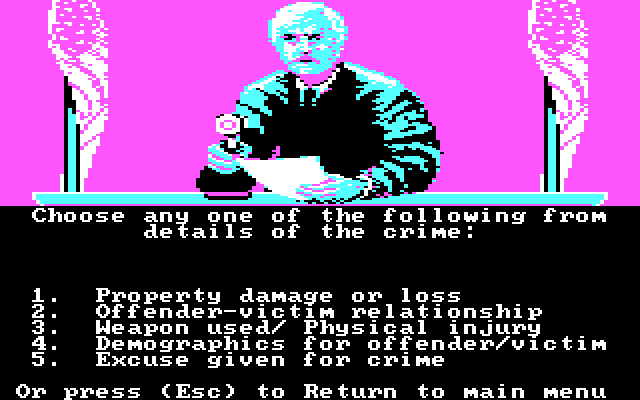 Crime and Punishment IBM PC/Compatibles Screenshot: First, review some details of the crime...
