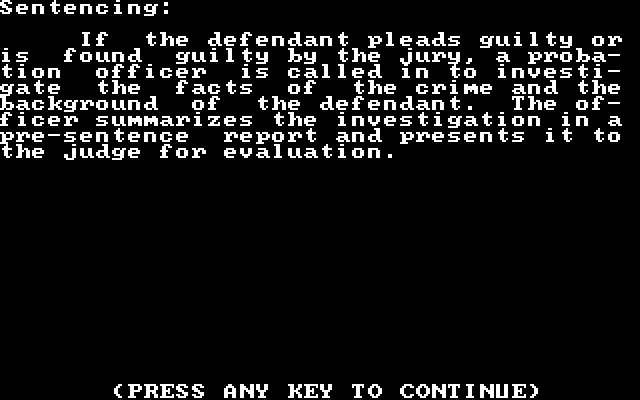 Crime and Punishment IBM PC/Compatibles Screenshot: Review some sentencing guidelines...