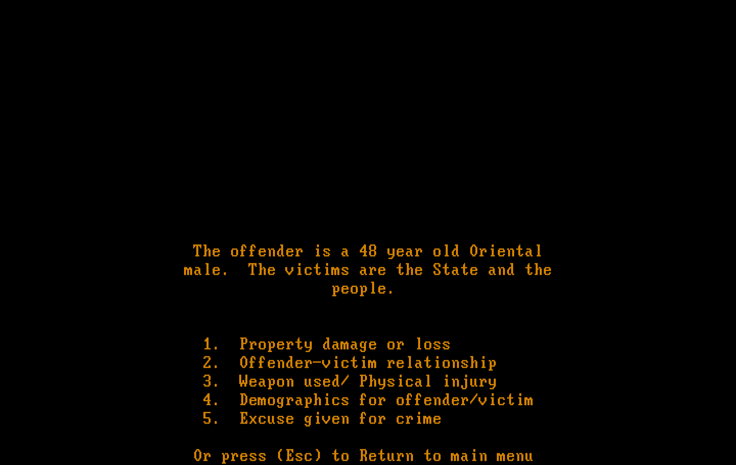 Crime and Punishment IBM PC/Compatibles Screenshot: A few details about the offender.